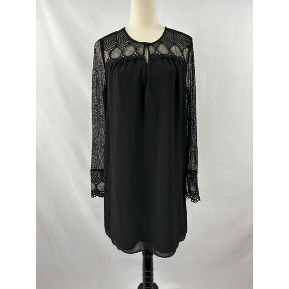 Reiss Callista Mini Dress Black 6 Lace Sleeves Sheer Lined - Picture 1 of 7